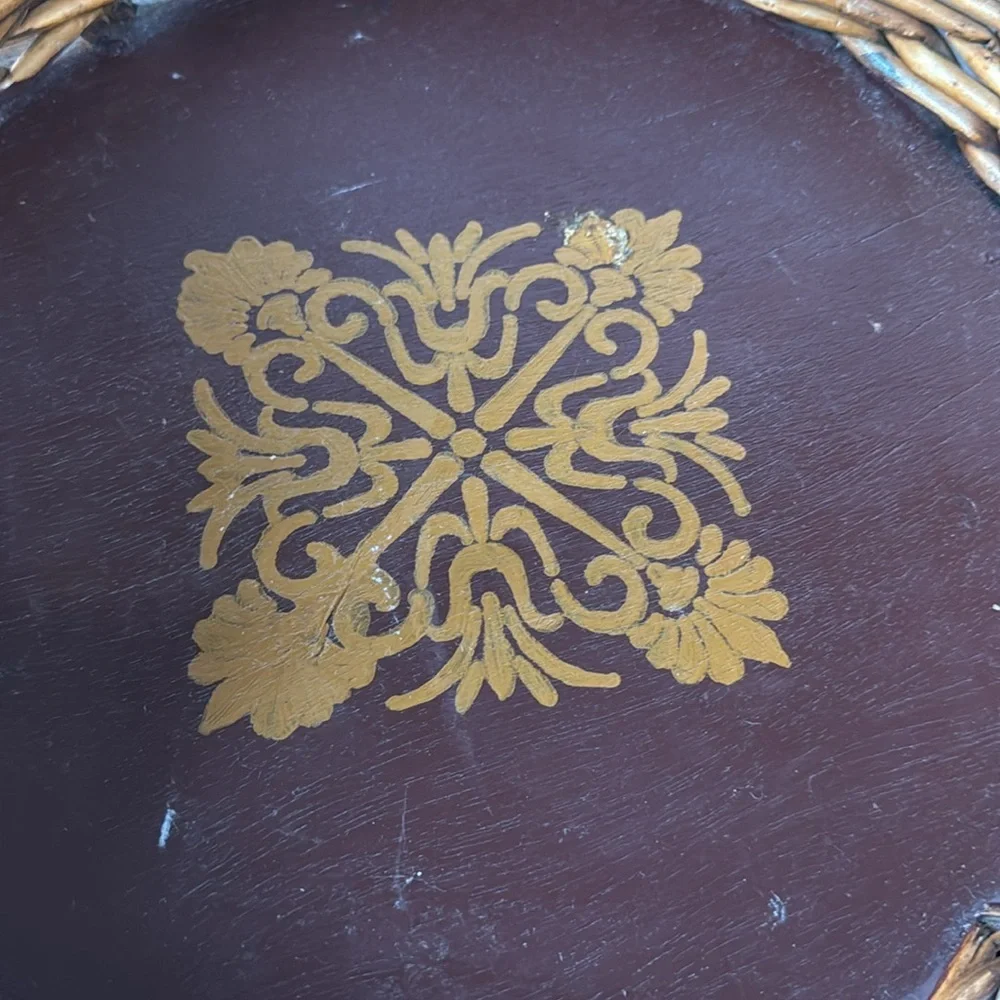 Vintage Decorative Woven Basket with metal and wood Handles. Hand painted